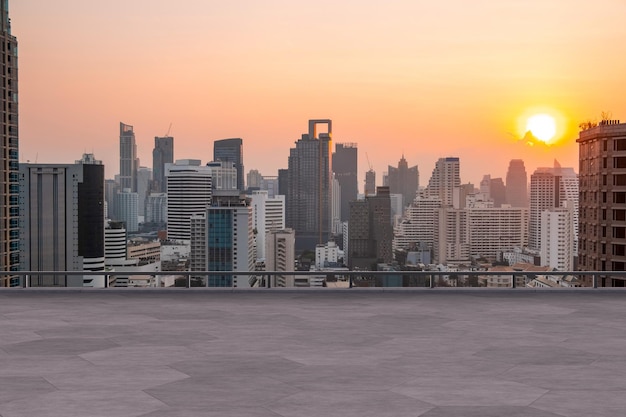 Panoramic Bangkok skyline view concrete observatory deck on rooftop sunset Luxury Asian corporate and residential lifestyle Financial city downtown real estate Product display mockup empty roof