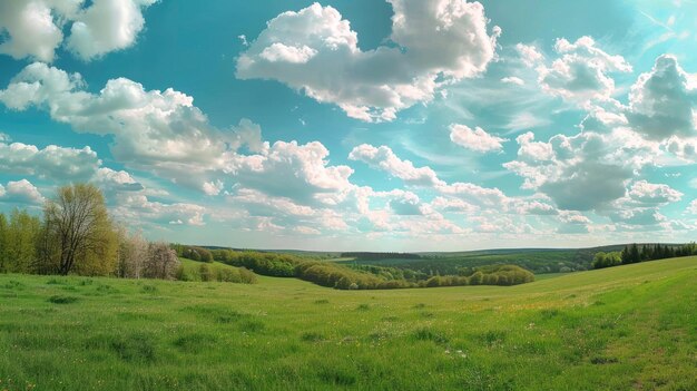 Photo panoramic beautiful blue sky with fluffy clouds over green field landscape ai generated image