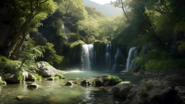 Panoramic beautiful deep forest waterfall