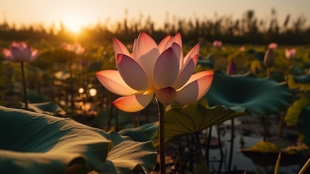 Panoramic of blooming Lotus flower on Green blurred background Generative AI