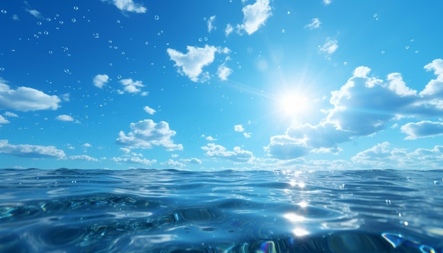 Panoramic blue sky background with white clouds on a sunny day over the sea