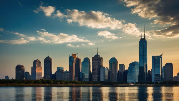 Panoramic city skyline at dusk with waterfront reflection