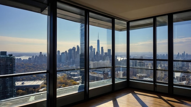 Panoramic city view through large window with clear sky