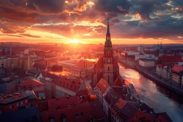 Panoramic Cityscape Image of Chemnitz Germany with Opera House and Church at Sunset