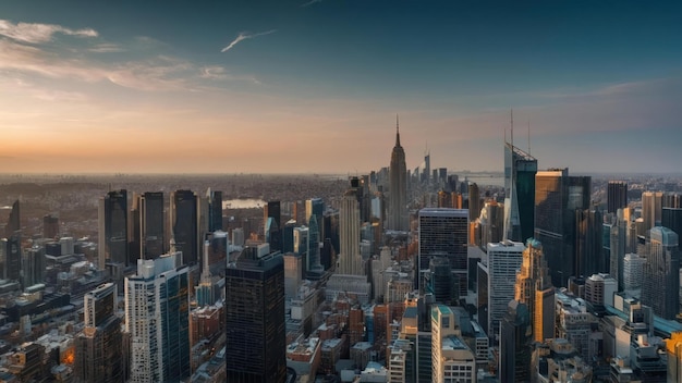 Panoramic cityscape during sunset with warm hues in the sky