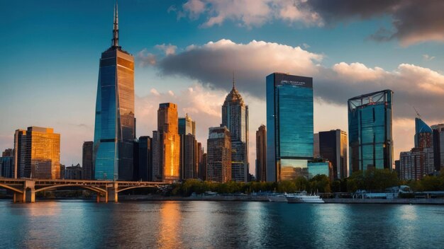 Panoramic cityscape during sunset with warm hues in the sky