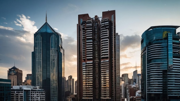 Panoramic cityscape during sunset with warm hues in the sky