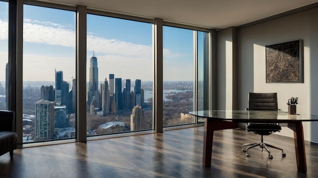 Panoramic cityscape viewed through floor to ceiling windows at dusk