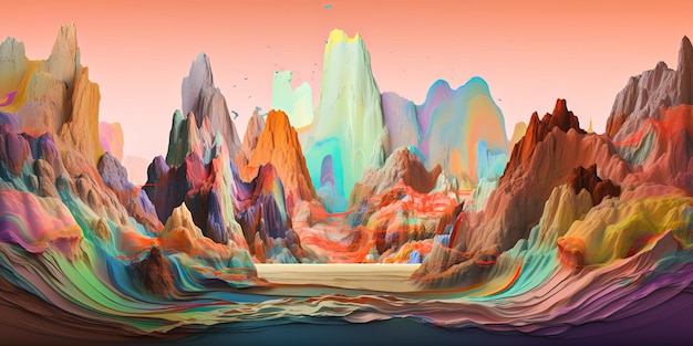 Panoramic A colorful landscape with a pink sky and a mountain Abstract gradient background