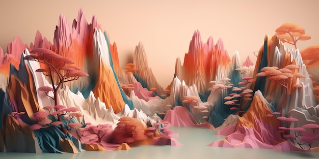 Panoramic A colorful landscape with a pink sky and a mountain Abstract gradient background