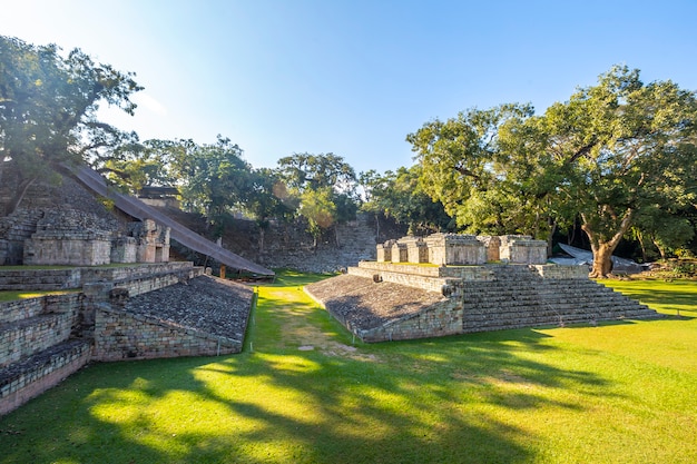 Panoramic at Dawn in The field of the ball game in the temples of Copan Ruinas. Honduras