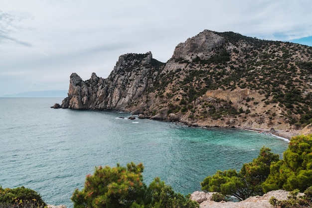 Panoramic daytime view of the mountain range on the sea coast. Karaul-Oba, Novyi Svet, Crimea, Russia