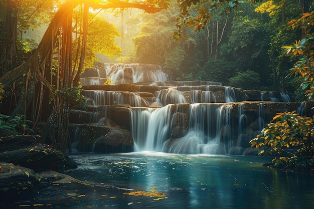 Panoramic Deep Forest Waterfall in Thailand