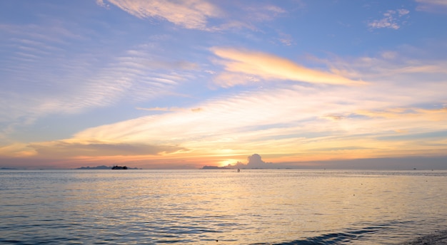 Panoramic dramatic sunset sky and tropical sea at dusk