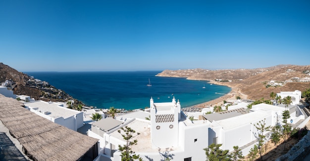 Panoramic Elia sea beach with sunset mykonos, Greece.