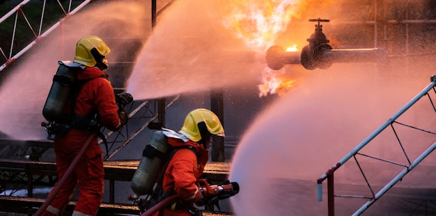 Panoramic Firefighter team use water fog type fire extinguisher to fight with flame