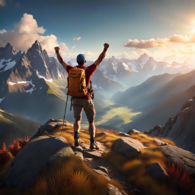 Photo panoramic hiking glory elated trekker conquering scenic mountaintop destination