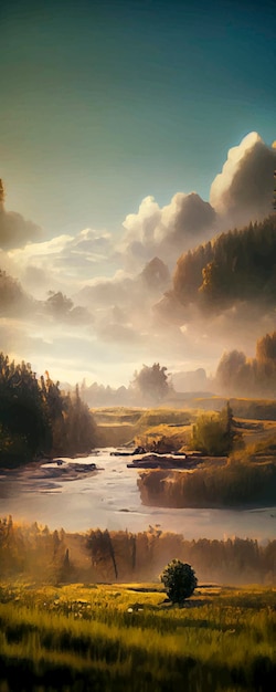 Panoramic Illustration of peaceful landscape with a natural setting cinematic and beautiful landscape illustration