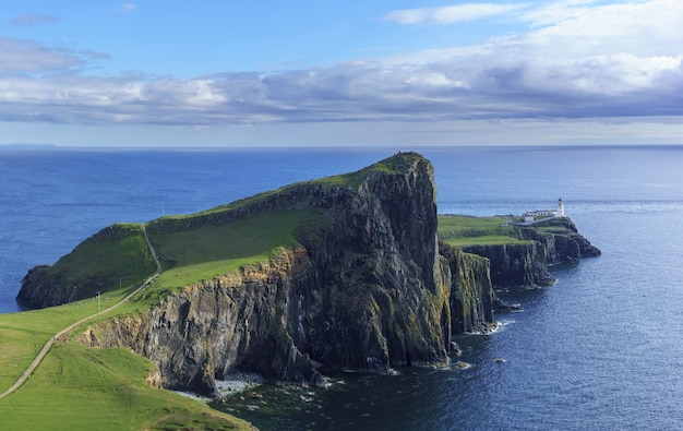 Panoramic image of the famous Neist Point Lighthouse situated in the West Coast of Skye in the area known as Durinish in summer , Isle of Skye , Scotland