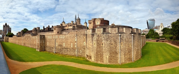 Panoramic image of Tower of London with dry moat and outer curtain wall