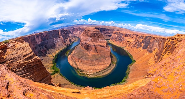 Panoramic of the impressive Horseshoe Bend and the Colorado River in the background, Arizona. United States