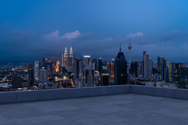 Panoramic Kuala Lumpur skyline view concrete observatory deck on rooftop night Asian corporate and residential lifestyle Financial city downtown real estate Product display mockup empty roof