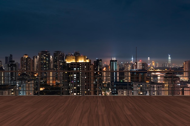 Panoramic Kuala Lumpur skyline view wooden observatory deck on rooftop night Asian corporate and residential lifestyle Financial city downtown real estate Product display mockup empty roof