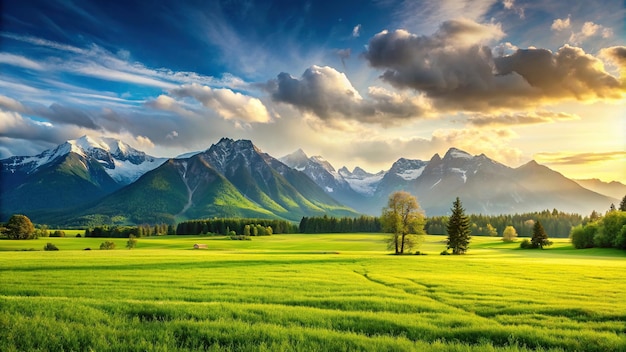 Panoramic landscape featuring lush green grass fields and majestic mountains in the background nature scenery