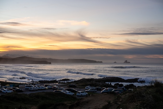 Panoramic landscape at sunset in the sand dunes of Valdearenas Beach in Liencres, Cantabria.