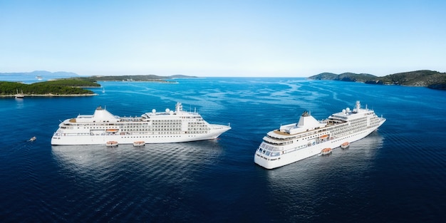 Panoramic landscape with cruise liner on Adriatic sea Luxury cruise Croatia Aerial view at the cruise ship at the day time Adventure and travel Travel image