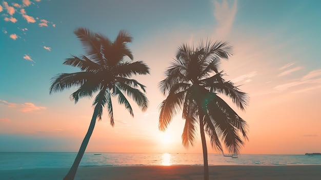 Photo panoramic meditation island beach sunrise sunset view exotic palm trees inspire silh generative ai