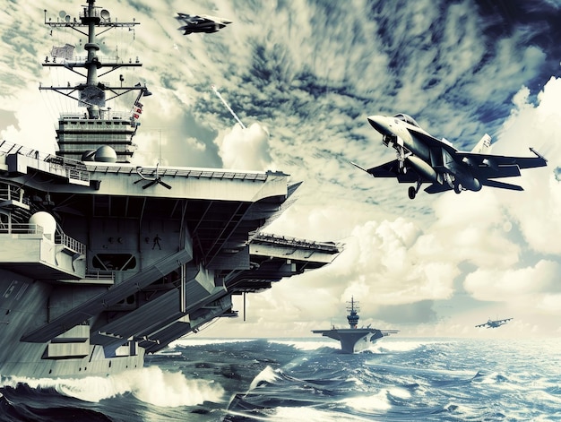 Panoramic military aircraft carrier with fighter jets taking off in warzone poster design