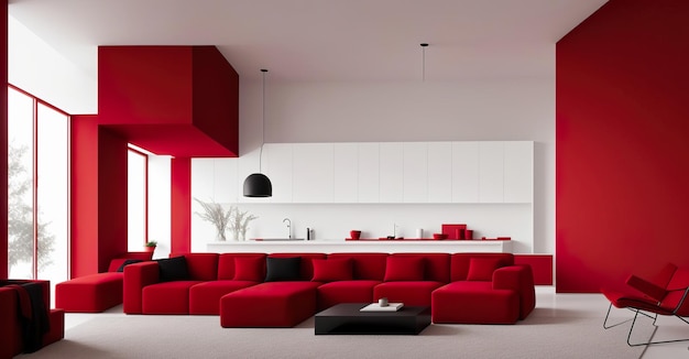 Panoramic minimalist interior red walls Generative AI