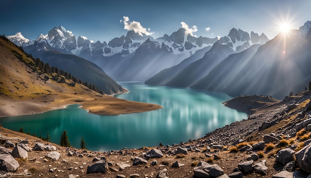 Panoramic morning view of Bachalp lake