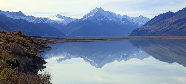 Panoramic of mount cook and refection on lake pukaki