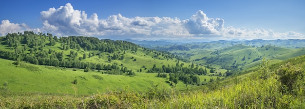 Panoramic mountain view with green meadows and forests