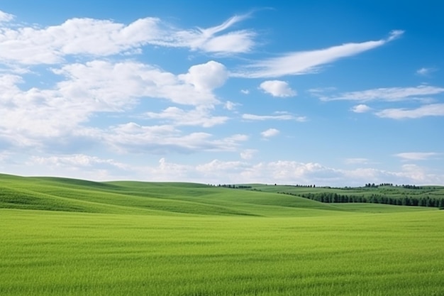 Panoramic natural landscape with green grass field and blue sky with clouds with curved horizon line