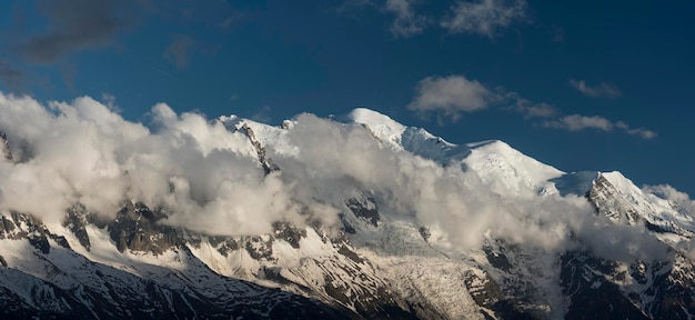 Panoramic o Les aiguilles de chamonix and the Mont Blanc 4808 meters at right Chamonix France Europe