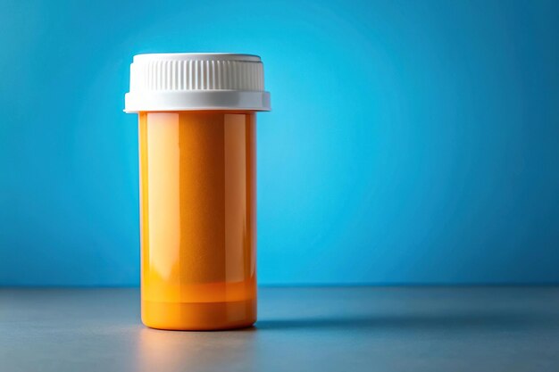 Panoramic orange pill bottle with blank label on blue background