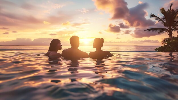 Panoramic photo of couple in pool enjoying tropical vacation by sunset Generative AI