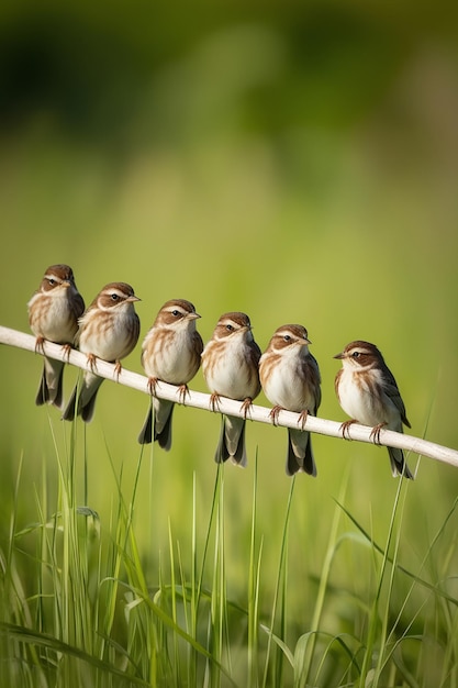 Photo panoramic photo from flock yellowmouthed sparrow chicks sit in a sunny summer garden