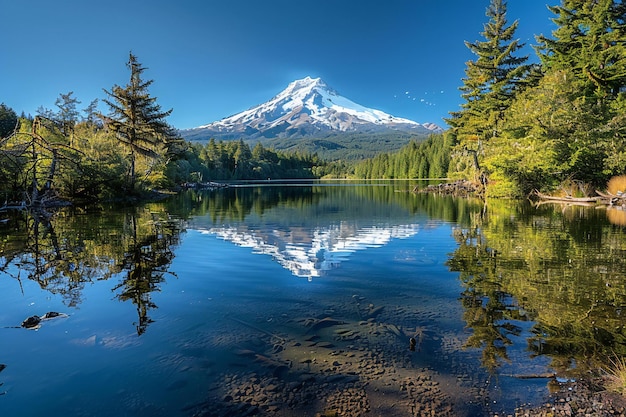 Photo panoramic photo of a lake and mountain in oregon with a clear blue sky trees surround the edge of