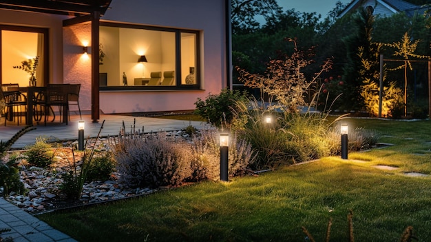 Panoramic Photo of LED Light Posts Illuminated Backyard Garden During Night Hours Modern Backyard Outdoor Lighting Systems