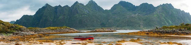 Panoramic photo of picturesque highlands sea cloudy sky in Norway