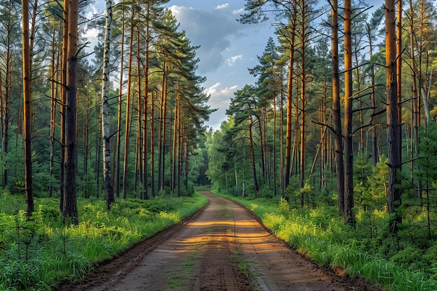 Panoramic photo of pine forest with dirt path summer time shot