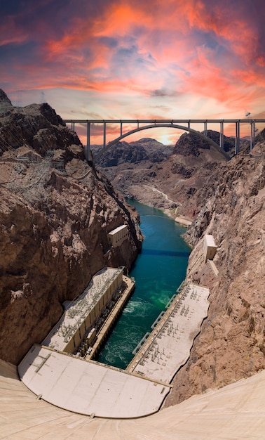 Panoramic photograph of Hoover Dam at sunset with low water level