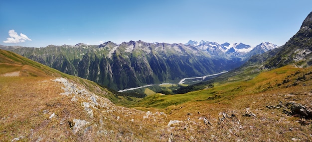 Panoramic photos spring valley Caucasus mountains