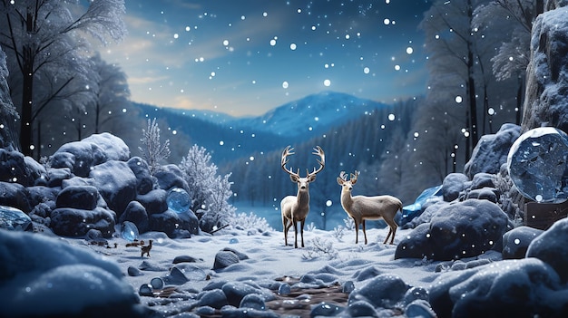 A panoramic poster with snowcovered mountains and reindeer in the snow copy space Generative AI