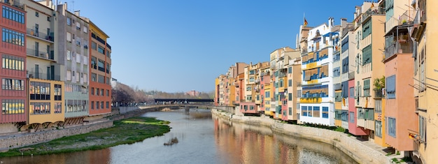 Panoramic of the river as it passes through the old town of Girona