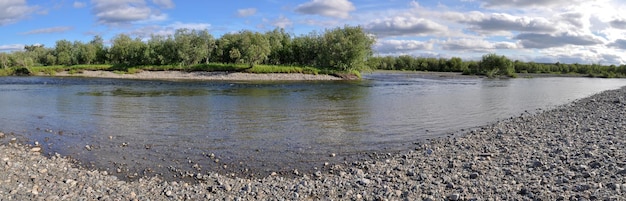 Panoramic river landscape in the polar Urals